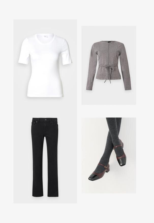 Veste grise à manches longues avec fermeture éclair frontale et lien à la taille, présentant un motif chevron discret et un col rond.; T-shirt blanc à manches courtes en coton lisse, doté d'un col rond et d'une coupe ajustée. Design classique, sans motifs ni accents.; Jean noir à jambe droite avec bouton et fermeture éclair à l'avant, passants pour ceinture, poches avant et arrière, présenté à plat sur fond blanc.; Chaussures Mary Jane en cuir bordeaux avec un contrefort en verni noir et une fine sangle à la cheville ; portées avec des chaussettes côtelées gris foncé. Talon carré bas.