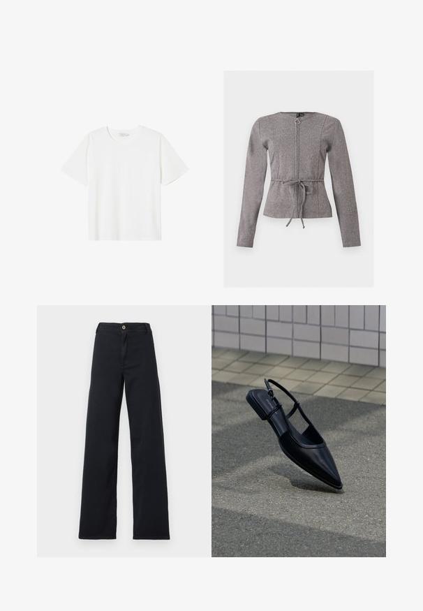 Grijze jas met lange mouwen, ritssluiting aan de voorkant en taillekoord, met een subtiel visgraatpatroon en ronde halslijn.; Witte katoenen t-shirt met een klassieke ronde halslijn, korte mouwen en zonder zichtbare patronen of texturen. Rechte zoom aan de onderkant.; Zwarte jeans met hoge taille en wijde pijpen, voorzien van een knoop- en ritssluiting, zichtbare voorzakken, plat gelegd op een witte achtergrond.; Zwarte platte schoen met puntige neus en slingback, zwevend boven een asfaltoppervlak naast een betegeld trottoir.