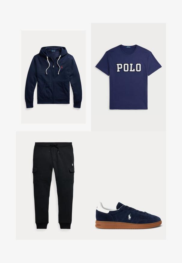 Marineblå lynlåshoodie med hvide snore, forlommer og lille rød Polo Ralph Lauren-logo på venstre bryst.; Mørkeblå t-shirt lavet af bomuld, med et stort "POLO" grafik i hvid, rund halsudskæring og korte ærmer.; Sorte cargo joggebukser med snøre i taljen, sidelommer med klap, ribkantsmanchetter og lille hvid polo spiller logo på højre lår.; Mørkeblå ruskindssneaker med hvid hælflap, broderet logo på siden, brun gummisål og sorte snørebånd.