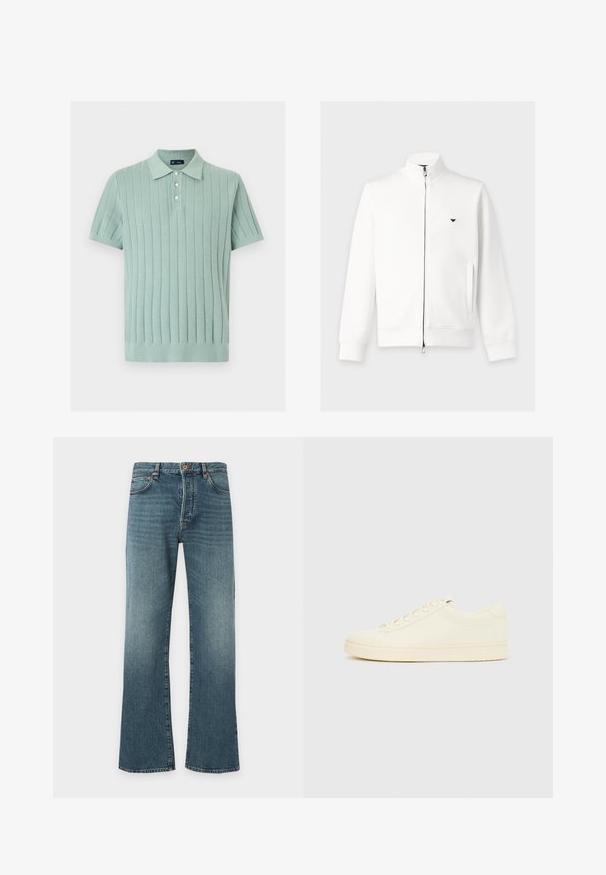 Άσπρο μακρυμάνικο τζάκετ με φερμουάρ, όρθιο γιακά, πλαϊνές τσέπες, ριμπ μανσέτες και μικρό μαύρο λογότυπο στο αριστερό στήθος.; Φωτεινό πράσινο πόλο με κοντά μανίκια, υφασμένη κάθετη ρίγα και τρία λευκά κουμπιά στην εμπρόσθια πατιλέτα.; Μπλε τζιν από denim με ελαφρύ φουσκωτό στο κάτω μέρος, κλασικός σχεδιασμός με πέντε τσέπες, κούμπωμα με κουμπί και φερμουάρ και διακριτική ξεθώριαση στους μηρούς.; Αθλητικό παπούτσι εκρού με λείο δερμάτινο πάνω μέρος, στρογγυλεμένη μύτη, κορδόνια στο μπροστινό μέρος και υφασμένο λαστιχένιο πέλμα. Μινιμαλιστικός σχεδιασμός, χωρίς λογότυπα.