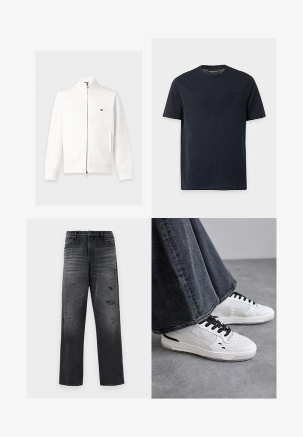 Chaqueta blanca de manga larga con cremallera, cuello alto, bolsillos laterales, puños acanalados y pequeño logo negro en el pecho izquierdo.; Camiseta negra de manga corta con cuello redondo, con un sutil logo de águila en relieve en el pecho y una etiqueta de marca dentro del cuello.; Jeans de mezclilla negra con un corte relajado, que presentan un diseño desgastado y parches rasgados. Estilo estándar de cinco bolsillos y cierre de botón.; Zapatillas blancas con cordones negros y detalles de malla. Presenta un upper de cuero liso y una suela de goma texturizada. Combinadas con unos vaqueros de pierna ancha en gris.