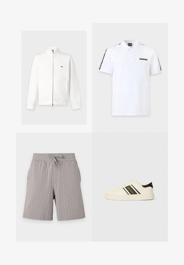 Veste blanche zippée à manches longues avec col montant, poches latérales, poignets côtelés et petit logo noir sur la poitrine gauche.; Polo blanc à manches courtes avec col, trois boutons, écusson logo noir sur la poitrine et bandes noires siglées le long des épaules et des manches.; Shorts gris clair avec un motif géométrique "A" subtil sur l'ensemble, taille élastique et cordon de serrage à l'avant.; Baskets en cuir beige avec des rayures noires et blanches, bout rond, semelle en caoutchouc plate, et détail logo sur le côté et le talon.