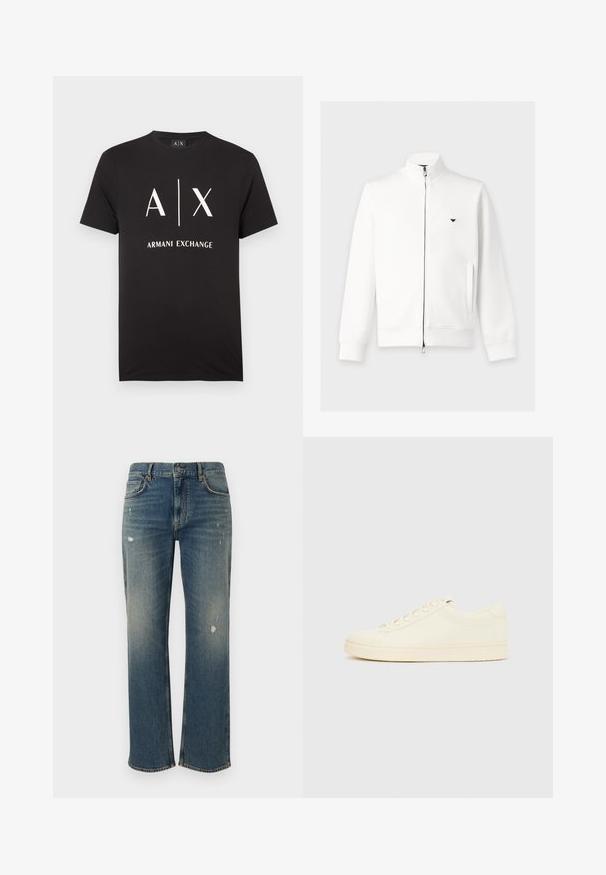Veste blanche zippée à manches longues avec col montant, poches latérales, poignets côtelés et petit logo noir sur la poitrine gauche.; T-shirt en coton noir avec les initiales "A|X" et "ARMANI EXCHANGE" imprimées en blanc. Col rond avec manches courtes.; Jeans en denim bleu moyen avec une coupe droite, présentant des décolorations légères et des patches usés. Design classique à cinq poches et fermeture par bouton supérieur.; Baskets couleur crème avec une tige en cuir lisse, bout arrondi, laçage à l'avant et semelle en caoutchouc texturée. Design minimaliste, sans logo.