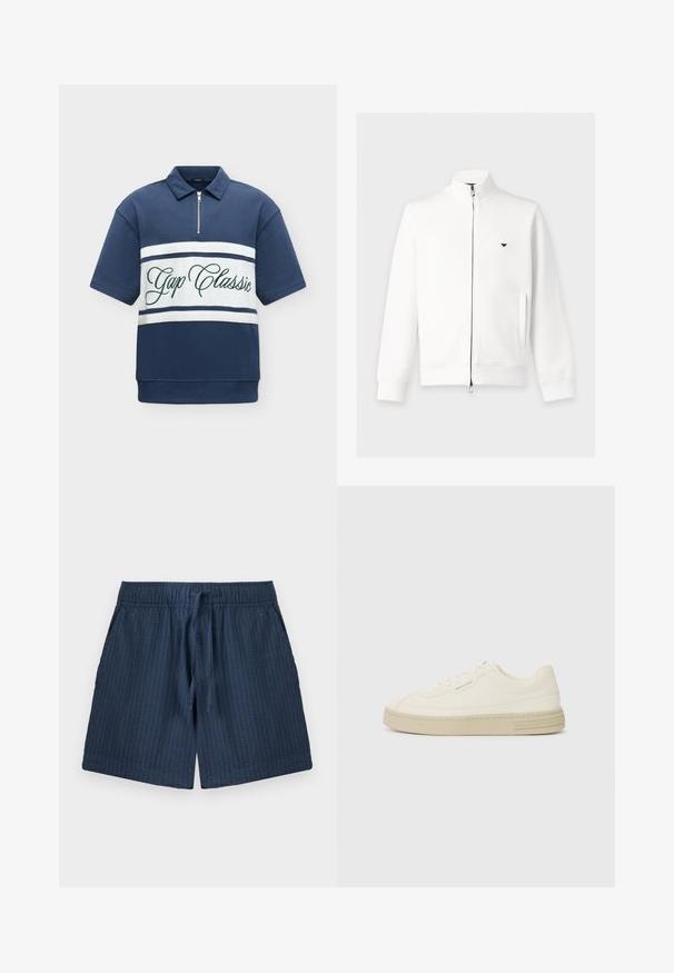 Veste blanche zippée à manches longues avec col montant, poches latérales, poignets côtelés et petit logo noir sur la poitrine gauche.; Polo bleu marine à manches courtes avec des rayures horizontales blanches et un texte vert "Gap Classic" sur la poitrine, avec un col à fermeture éclair partielle.; Shorts en tissu texturé bleu marine avec taille élastique et cordon de serrage à l'avant, dotés de poches latérales et d'une coupe décontractée.; Baskets en toile blanches avec une semelle en caoutchouc texturée, présentant un capuchon de chaussure cousu et un accent de logo sur le talon. Design simple à lacets.