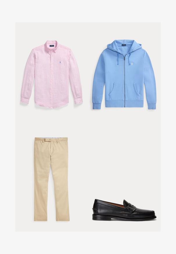 Sweat à capuche zippé bleu clair avec poches avant, cordon à la capuche et petit logo blanc brodé sur la poitrine gauche.; Chemise rose clair à manches longues avec fines rayures verticales blanches et un petit logo bleu brodé sur la poitrine gauche.; Pantalon beige à jambes droites avec passants de ceinture et braguette zippée à l'avant, posé à plat sur un fond blanc.; Mocassin en cuir noir avec un petit talon et une bride penny, vu de côté sur un fond gris clair.