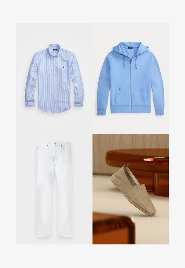 Lichtblauwe hoodie met ritssluiting, voorzakken, koordsluiting in de capuchon en een klein wit borduursel op de linkerborst.; Blauw-wit gestreept overhemd met lange mouwen van katoen, met een button-down kraag, knopen aan de voorkant en een klein geborduurd logo op de borst.; Witte slim-fit jeans met vijf zakken, knoopsluiting en riemlussen, plat gelegd op een witte achtergrond.; Beige canvas espadrille met gevlochten zool en een klein hielriempje in de kleuren van de Franse vlag, geplaatst op een licht tapijt met amberkleurige meubels op de achtergrond.