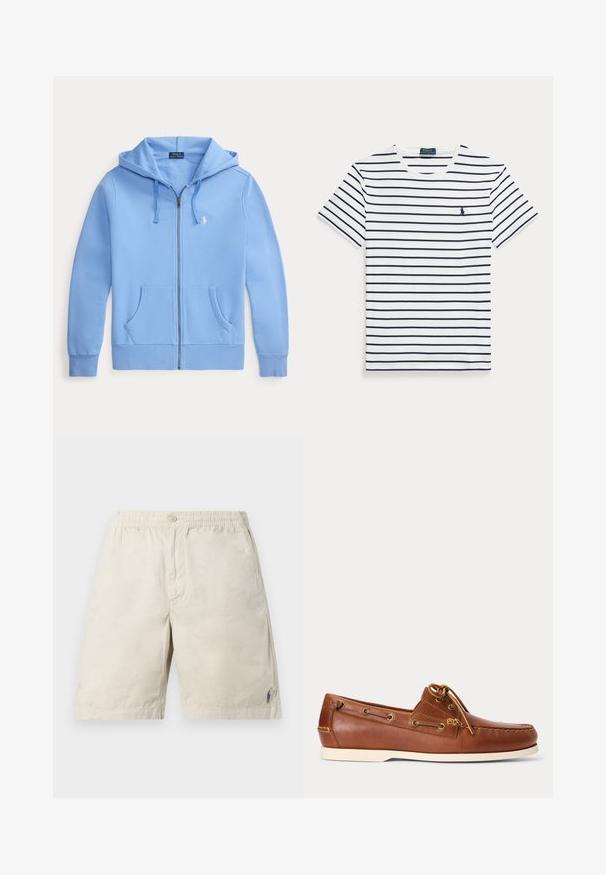 Sudadera con capucha azul claro con cremallera, bolsillos frontales, capucha con cordón y un pequeño logo blanco bordado en el pecho izquierdo.; Camiseta blanca de manga corta con finas rayas horizontales en azul marino y un pequeño logo bordado en azul marino en el pecho izquierdo.; Shorts beige casual con cintura elástica, cierre frontal con botones y pequeño logo azul bordado cerca del dobladillo en la pierna izquierda.; Zapato náutico de cuero marrón con suela blanca, cordones atados en la parte superior y ojales metálicos a lo largo de los lados y la costura delantera.