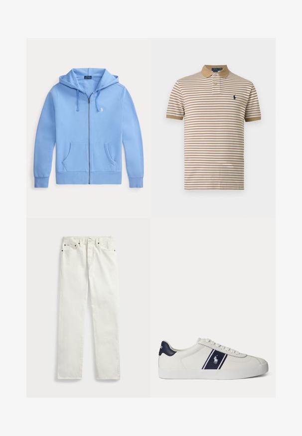 Hellblauer Hoodie mit Reißverschluss, Fronttaschen, Kordelzug an der Kapuze und kleinem weißen besticktem Logo auf der linken Brust.; Beige und weiß horizontal gestreiftes Kurzarm-Poloshirt mit beigem Kragen, zwei Knöpfen und dunkler Logo-Stickerei auf der Brust.; Weiße Denim-Jeans mit geradem Schnitt, ausgestattet mit fünf Taschen, Metallknöpfen und Ziernähten entlang der Nähte. Glatte Textur.; Weißer niedriger Sneaker mit dunkelblauem Streifen und Logo an der Seite sowie dunkelblauer Fersenschlaufe, flacher weißer Sohle und weißen Schnürsenkeln.