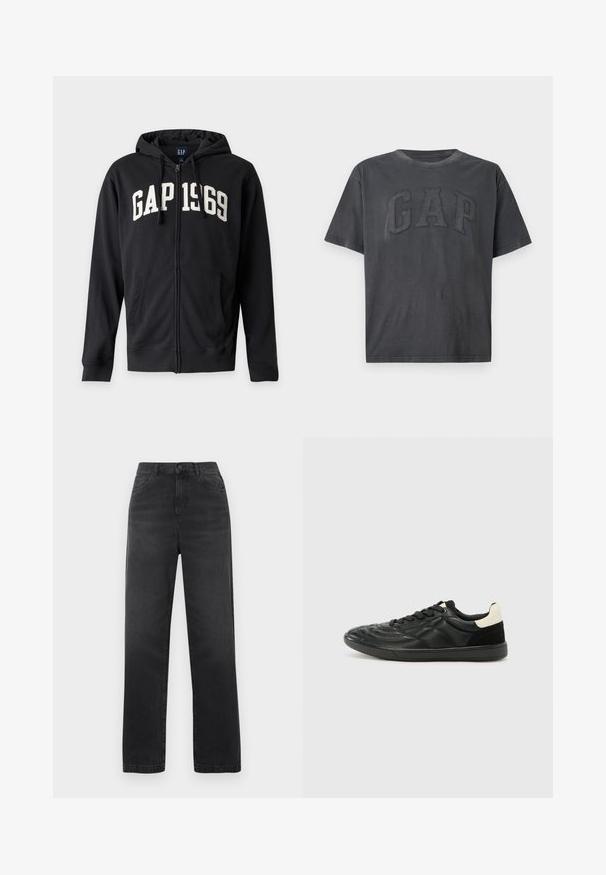 Sweat à capuche zippé noir avec capuche et poches avant, avec des lettres blanches "GAP 1969" sur la poitrine.; T-shirt gris foncé à manches courtes avec un grand logo GAP texturé cousu sur la poitrine sur un fond uni.; Jean noir taille haute en denim coton avec une coupe droite, dotés de poches avant et d'une fermeture à un bouton. Texture lisse.; ALDO THEPITCH - Baskets basses - black