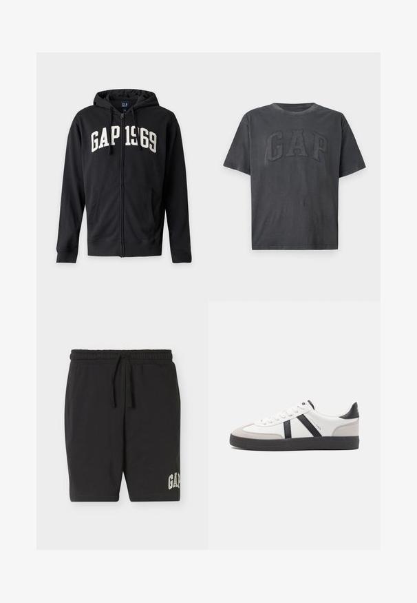 Sweat à capuche zippé noir avec capuche et poches avant, avec des lettres blanches "GAP 1969" sur la poitrine.; T-shirt gris foncé à manches courtes avec un grand logo GAP texturé cousu sur la poitrine sur un fond uni.; Shorts noirs à taille élastique avec un cordon de serrage et le logo "GAP" imprimé près de l'ourlet gauche, présentés sur un fond uni clair.; Baskets blanches avec des accents noirs et gris, présentant un embout texturé gris, une semelle en caoutchouc noir et des lacets plats blancs. Design épuré, style minimaliste.