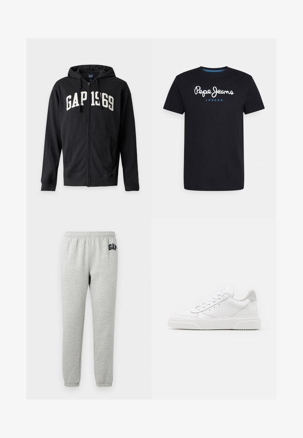 Schwarzer Kapuzenpullover mit Reißverschluss und Fronttaschen, mit weißen Buchstaben "GAP 1969" auf der Brust.; Schwarzes Baumwoll-T-Shirt mit einem weißen Schriftlogo "Pepe Jeans" und blauen Akzenten, Rundhals und kurzen Ärmeln. Einfaches, schlichtes Design.; Graue Jogginghose mit elastischem Bund, abgeklebten Knöcheln und einem dunkelblauen "GAP"-Logo auf dem linken Oberschenkel. Weicher Baumwollmischstoff.; Weiße Leder-Sneaker mit glatter Oberfläche, rundem Zehenbereich, flachen Schnürsenkeln und strukturiertem Schuhsohlen. Graues Wildleder-Detail an der Ferse.