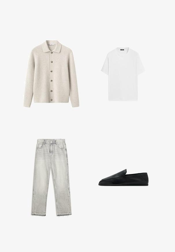 Hellgrauer, gerippter Cardigan mit Kragen, sieben Knöpfen vorne und leichter Textur durch gesprenkelte Fasern im gesamten Stoff.; Weißes Baumwoll-T-Shirt mit kurzen Ärmeln, rundem Halsausschnitt und lockerer Passform. Glatte Textur und minimalistisches Design, ohne Muster oder Akzente.; Hellgraue Jeans aus Denim mit leicht gefärbtem Finish, geradem Schnitt, fünf Taschen-Design und ausgefranstem Saum. Flacher Bund mit Gürtelschlaufen.; Schwarzer Leder-Slipper mit niedrigem Absatz und abgerundeter Spitze, aus der Seitenansicht auf weißem Hintergrund gezeigt.