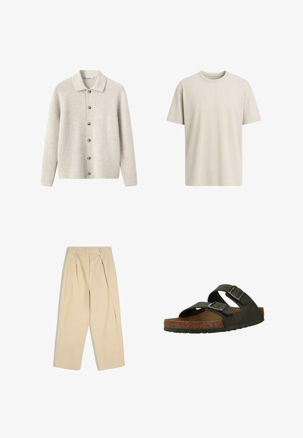 Lysegrå ribstrikket cardigan med krave, syv knapper foran og let struktur fra spraglede fibre i hele stoffet.; Lys beige kortærmet T-shirt med rund hals og afslappet pasform vist på en hvid baggrund.; Beige bukser med høj talje, plisseringer foran, knap- og lynlås lukning og brede, lige ben.; Grønne slip-on sandaler med to justerbare stropper, en korksål og en gummisål. Har sølvspænder og et tekstureret overmateriale.