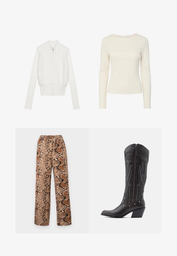 Cardigan zippé blanc avec un devant duveteux, des manches et un ourlet côtelés. Le design présente une texture douce avec un tirant de fermeture éclair en forme d'étoile.; Chemise ajustée à manches longues de couleur crème, avec un col rond et une texture lisse, présentée sur un fond blanc.; Pantalons large avec un motif en serpent brun et noir, taille élastique et tissu texturé avec une finition lisse.; Bottes de cowboy en cuir marron avec surpiqûres en forme de flammes, fermeture éclair latérale, clous argentés, bout pointu et talon superposé.