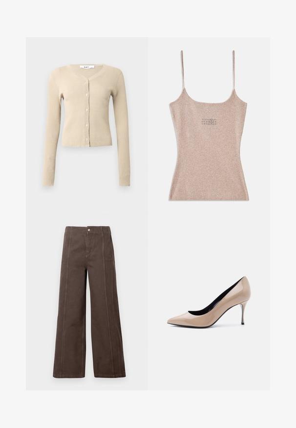 Beige ribbet cardigan med lange ærmer og V-hals. Har seks knaplukninger foran og en tætsiddende silhuet. Blød tekstur.; Ribbet, beige top med tynde justerbare stropper. Har en firkantet udskæring og en lille trykt detalje nær midten.; Brune viddebukser lavet af glat stof, med sømme foran og en enkelt metalknap lukning i taljen.; Beige laklæder peep-toe højhælet sko med smal stilet-hæl og sort inderfor på hvid baggrund.