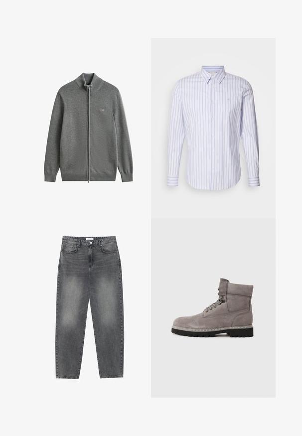 Sivý pletený sveter na celý zips s rebrovaným golierom, manžetami a spodným lemom, s malým vyšívaným logom na ľavej strane hrude.; Calvin Klein SLIM FIT - Košeľa - inkwell; Vysoké, voľné džínsy z vyblednutého čierneho denimu. Obsahujú päť vreciek, pútka na opasok a čistý, rovný strih nohavíc.; Sivé semišové členkové topánky s okrúhlou špičkou, kovovými očkami a hrubou čiernou gumovou podrážkou. Majú hladký povrch a vystužené švy.