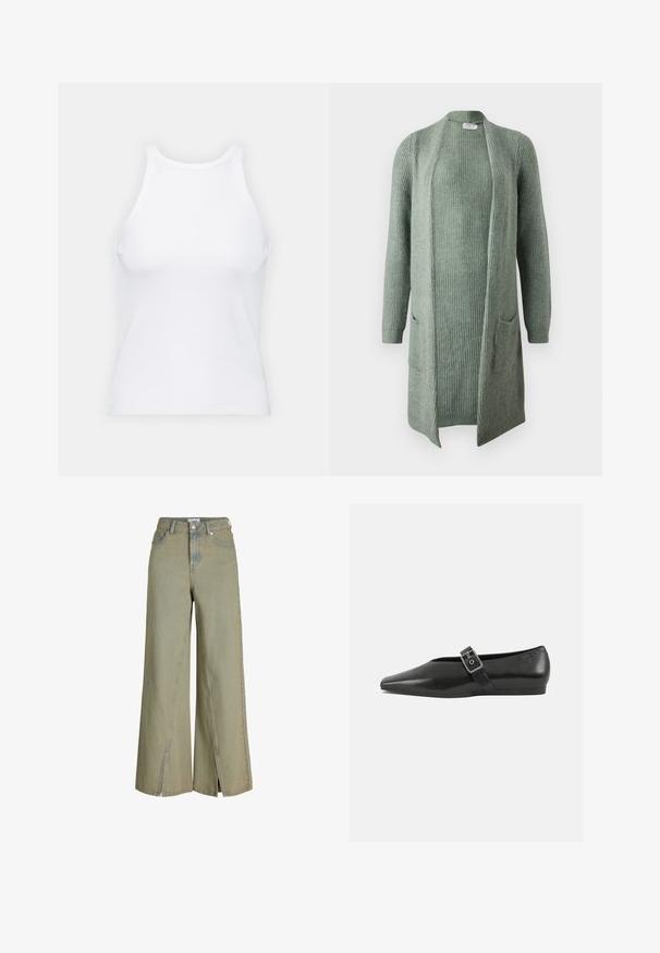 Lang, åben-front cardigan i lys grøn, ribbet tekstur. Har to forlommer og lange ærmer med en tæt pasform. Lavet af blødt materiale.; Hvid ærmeløs tanktop lavet af ribbet stof, med en rund halsudskæring og en tætsiddende silhuet, med minimale sømme og ingen pynt.; Lysegrønne vide jeans lavet af denim, med høj talje, sideslids og klassiske lomme-detaljer.; Sorte læder flade sko med spidse tæer, prydet med en metallisk spænde over vristen og en lav, fleksibel sål.
