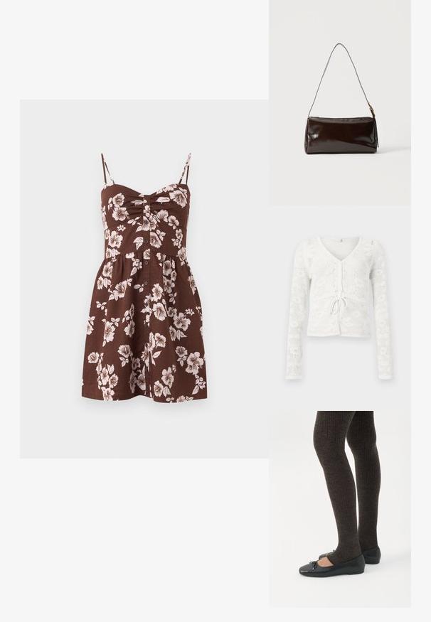 Cardigan en crochet blanc à manches longues, col en V, boutons à l'avant et détail noué à la taille.; Robe marron sans manches avec fines bretelles, boutons à l'avant et motif floral blanc, avec un buste froncé et une jupe évasée.; Jambes portant des leggings côtelés foncés associés à des ballerines noires avec de petits détails en nœud sur fond blanc.; Sac à bandoulière rectangulaire en cuir marron foncé avec une seule sangle fine et une boucle dorée sur un fond uni.