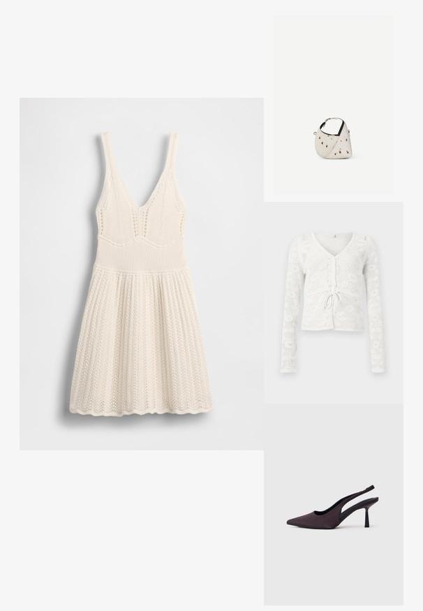 Weiße Häkelstrickjacke mit langen Ärmeln, V-Ausschnitt, Frontknöpfen und einer Schnürung in der Taille.; Strickkleid in Creme mit V-Ausschnitt, geripptem Oberteil und ausgestelltem Rock mit wellenförmigem Saum und durchgehendem Lochmuster.; Slingback-Pumps aus dunkelviolettem Stoff. Spitz zulaufende Zehenkappe, offene Seiten und ein schlanker, quadratischer Absatz. Glatte Textur.; Kleine weiße Handtasche mit braunen Flecken, abgerundete dreieckige Form, schwarze Innenfutter und kurzer verstellbarer Riemen mit silberner Schnalle.