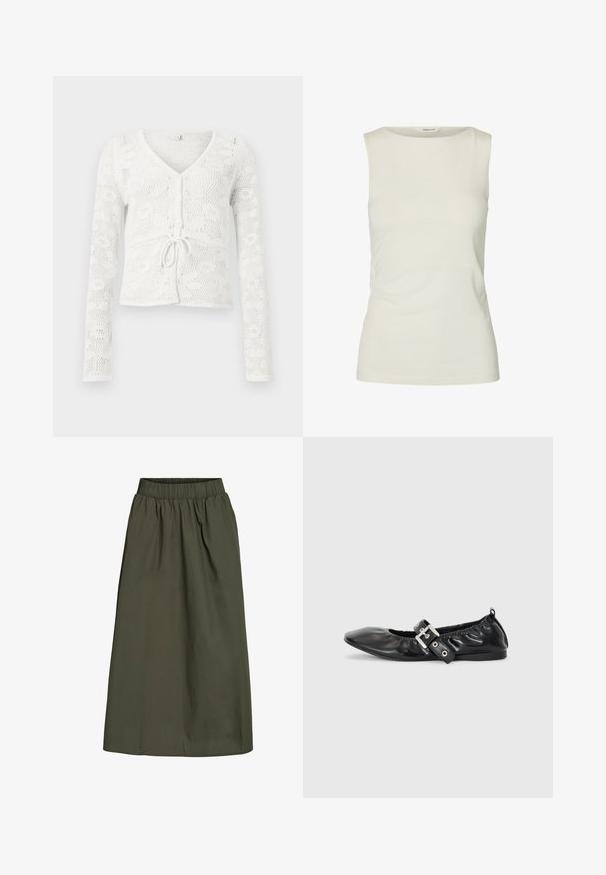 Cardigan en crochet blanc à manches longues, col en V, boutons à l'avant et détail noué à la taille.; Débardeur blanc uni sans manches avec un col rond, fabriqué en tissu lisse, présenté sur fond blanc.; Jupe olive, longueur cheville avec taille élastique froncée et une texture de tissu lisse, légèrement froissée.; Chaussure plate en cuir noir avec un nez pointu, des détails froncés autour de l'ouverture et un accent en boucle argentée sur la bride ajustable.