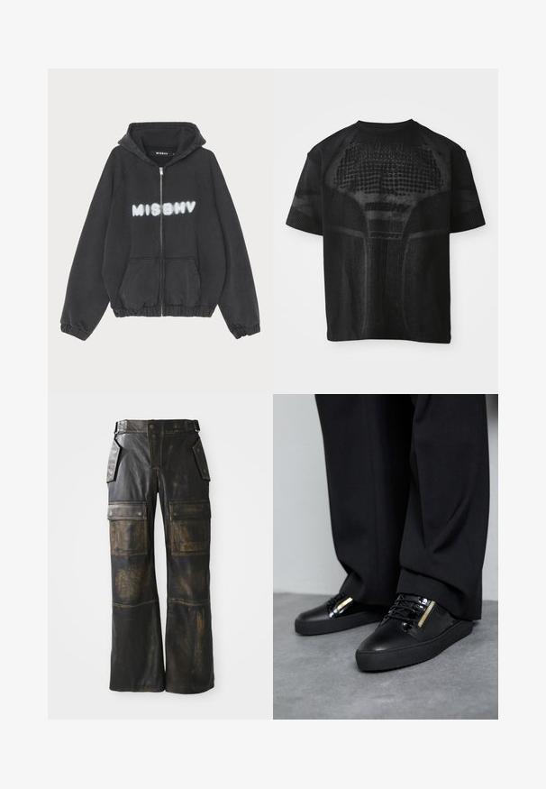 Zwarte hoodie met een rits aan de voorkant, geribbelde manchetten en zoom. Kenmerkt zich door "MISBHV" in graffiti-stijl witte letters op de borst.; Zwarte sport T-shirt met korte mouwen, voorzien van een gestructureerd patroon en subtiele "MISBHV SPORT" tekst aan de voorkant.; Zwarte leren cargobroeken met een versleten textuur, voorzien van grote zijzakken, een hoge taille en contrasterende stiksels over de naden.; Zwarte leren sneakers met glanzende accenten, gestructureerde veters en een ritsdetail; gecombineerd met donkere, loszittende broek op een grijze vloer.