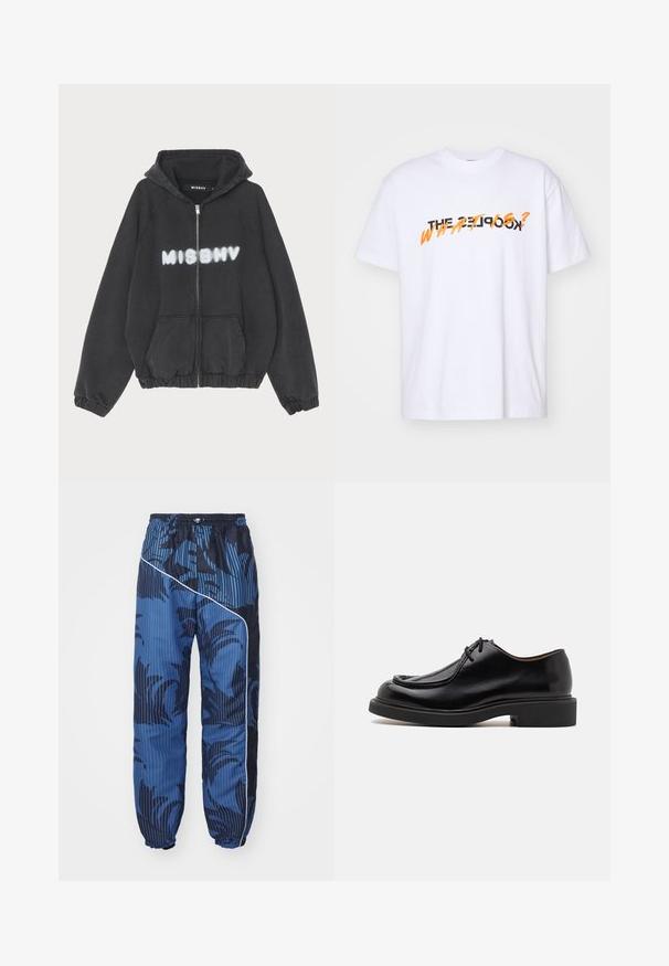 Sudadera negra con cremallera en la parte delantera, puños y dobladillo acanalados. Presenta la impresión en letras blancas estilo graffiti de "MISBHV" en el pecho.; Camiseta blanca de algodón con mangas cortas que presenta el texto "¿THE KOOKS? ¿QUÉ ES?" en letras negritas de color negro y naranja. Diseño simple.; Joggers azules con un patrón que combina texturas sólidas y rayadas, cinturilla elástica y cordón, con ribetes blancos a lo largo del costado.; Zapato de cuero negro con punta redondeada, detalles de costura, cordones mínimos y suela de goma gruesa para tracción y durabilidad.