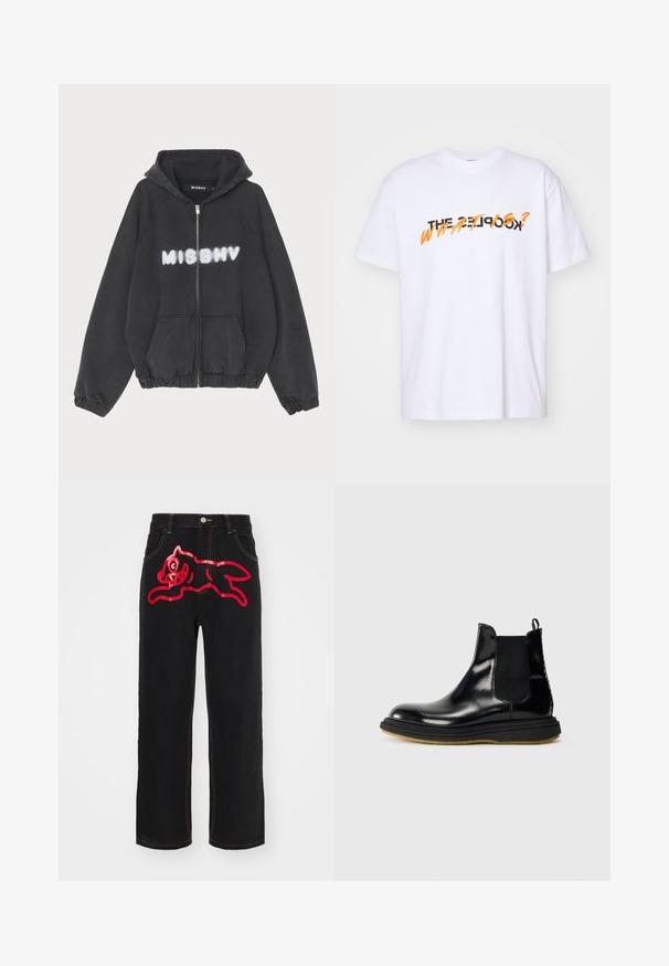 Hoodie noir avec zip sur le devant, poignets et ourlet côtelés. Présente "MISBHV" imprimé en lettres blanches de style graffiti sur la poitrine.; T-shirt en coton blanc à manches courtes avec le texte "THE KOOKS? WHAT IS?" en lettres noires et oranges grasses. Design simple.; Jeans en denim noir avec un grand graphique rouge d'un chat sautant sur la poche arrière, accentués par des coutures jaunes contrastées le long des coutures.; Bottine Chelsea en cuir noir avec une finition brillante, panneaux latéraux élastiques, tirant et semelle en caoutchouc texturé.