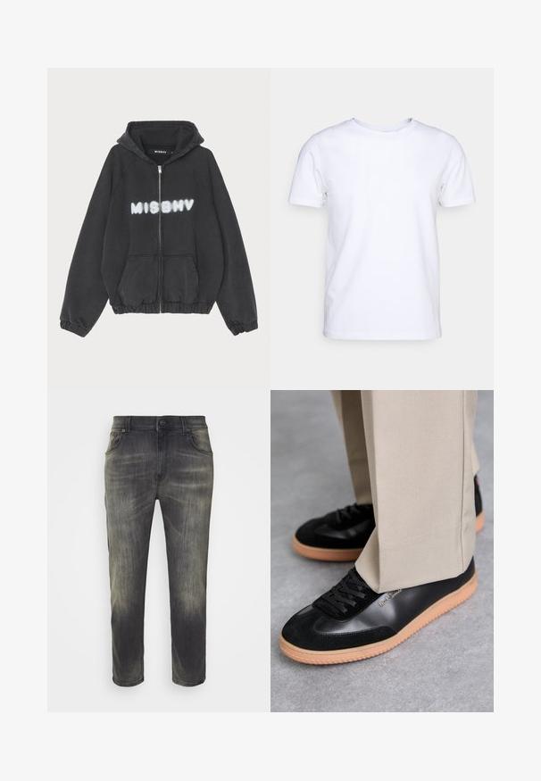 Sort hættejakke med lynlås foran, ribbede manchetter og kant. Har "MISBHV" trykt i graffiti-lignende hvid skrift over brystet.; Hvid kortærmet t-shirt i bomuldsstof med rund halsudskæring. Enkel design uden mønstre eller detaljer. Glat tekstur.; Mørkegrå jeans med en falmet finish, lige ben-design, fem lommer og forhånds-knaplukning. Stoffet er i bomuldsdenim og har en blød tekstur.; Paul Smith COMO - Sneakers - black