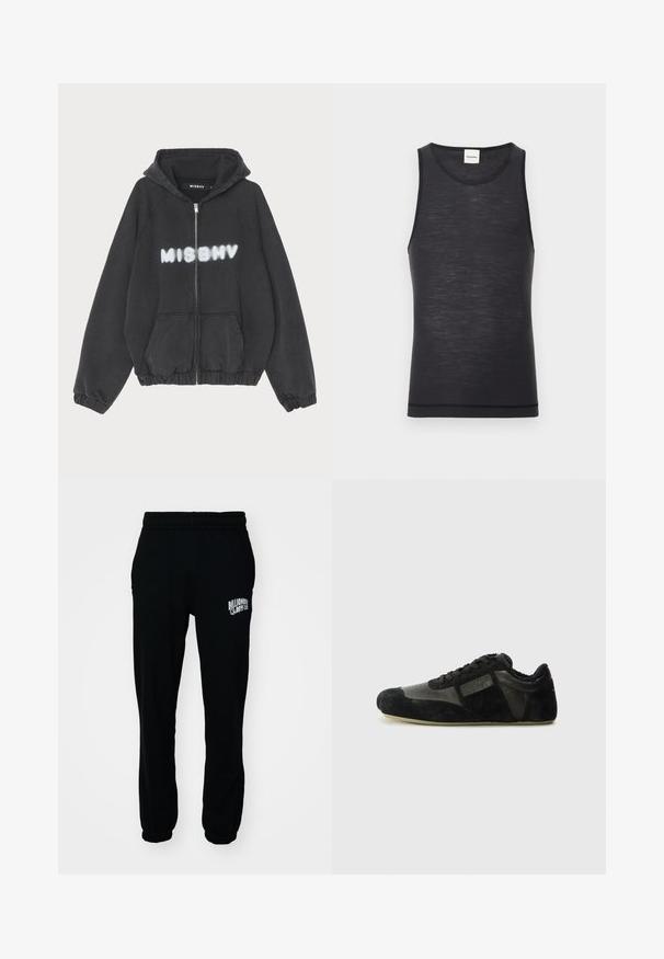 Sudadera negra con cremallera en la parte delantera, puños y dobladillo acanalados. Presenta la impresión en letras blancas estilo graffiti de "MISBHV" en el pecho.; Top sin mangas negro, hecho de material ligero, con un escote redondo y una textura sutil, con un detalle de dobladillo en contraste.; Pantalones jogger de felpa negra con cintura elástica y puños. Presentan un logo blanco en el muslo izquierdo. Textura suave, corte relajado.; Zapatillas negras hechas de ante y cuero. Presentan un perfil bajo, punta redondeada, diseño de cordones y acentos texturizados. Las suelas tienen textura antideslizante.