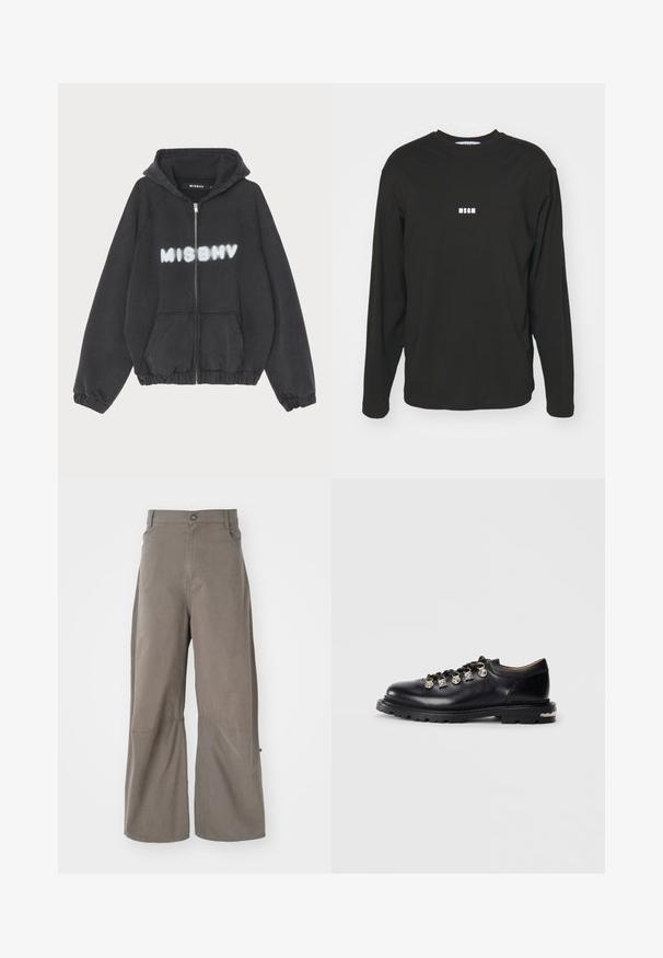 Zwarte hoodie met een rits aan de voorkant, geribbelde manchetten en zoom. Kenmerkt zich door "MISBHV" in graffiti-stijl witte letters op de borst.; Zwarte langmouw T-shirt van katoen, met een klein wit "MSGM" logo op de borst, ronde hals en een vrije pasvorm.; Henrik Vibskov DART PANTS - Relaxed fit jeans - walnut; Zwarte leren lage schoen met dikke zool, metalen oogjes, decoratieve zilveren charmes aan de veters en een gestructureerde loopzool.