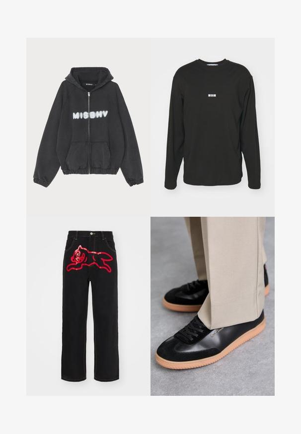 Zwarte hoodie met een rits aan de voorkant, geribbelde manchetten en zoom. Kenmerkt zich door "MISBHV" in graffiti-stijl witte letters op de borst.; Zwarte langmouw T-shirt van katoen, met een klein wit "MSGM" logo op de borst, ronde hals en een vrije pasvorm.; Zwarte denim spijkerbroek met een grote rode afbeelding van een springende kat op de achterzak, met contrasterende gele stiksels langs de naden.; Paul Smith COMO - Sneakers laag - black