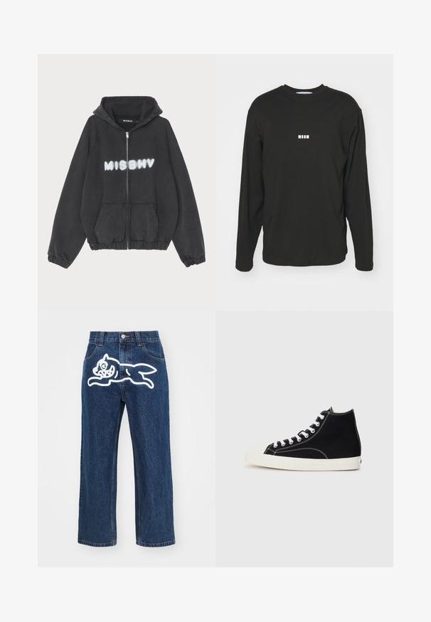 Schwarzer Hoodie mit Reißverschluss vorne, gerippten Bündchen und Saum. Mit „MISBHV“ in graffiti-artigem weißen Schriftzug auf der Brust.; Schwarzes Langarm-T-Shirt aus Baumwolle, mit einem kleinen weißen "MSGM"-Logo auf der Brust, Rundhals und lockerer Passform.; Dunkelblaue weit geschnittene Jeans mit einem großen weißen Cartoon-Hundegrafik auf der Gesäßtasche. Denim-Struktur, traditionelles Fünf-Taschen-Design.; Schwarze Canvas-Hochtop-Sneaker mit weißen Schnürsenkeln, ausgestattet mit einer Gummizunge und kontrastierenden weißen Nähten.