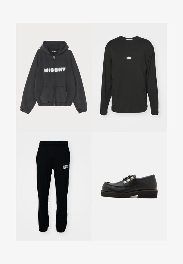 Schwarzer Hoodie mit Reißverschluss vorne, gerippten Bündchen und Saum. Mit „MISBHV“ in graffiti-artigem weißen Schriftzug auf der Brust.; Schwarzes Langarm-T-Shirt aus Baumwolle, mit einem kleinen weißen "MSGM"-Logo auf der Brust, Rundhals und lockerer Passform.; Schwarze Fleece-Jogginghosen mit elastischem Bund und Bündchen. Mit einem weißen Logo auf dem linken Oberschenkel. Glatte Textur, lockere Passform.; Schwarze Lederloafers mit rundem Zehenbereich, ausgestattet mit drei metallischen Akzenten und einer strukturierten Sohle für besseren Halt. Glattes Obermaterial und gestickte Details.