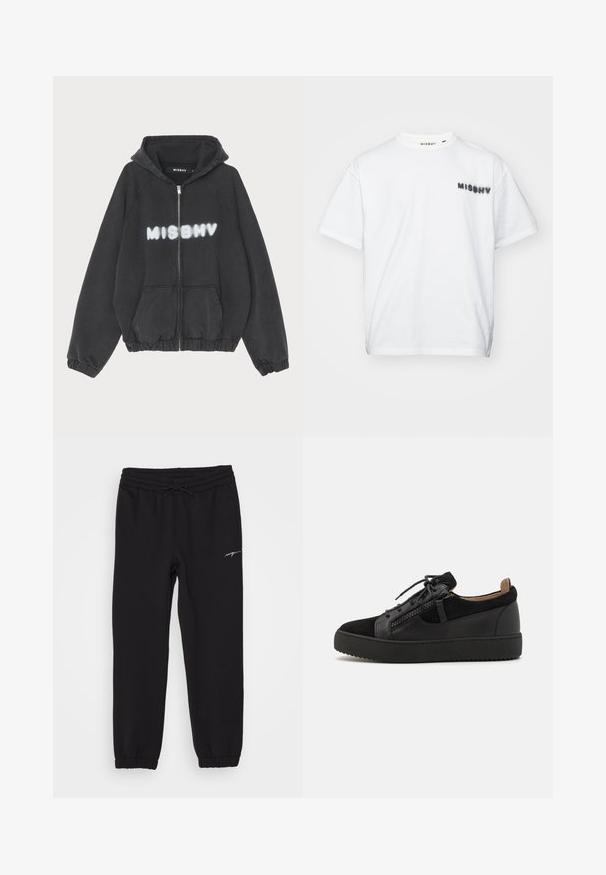 Schwarzer Hoodie mit Reißverschluss vorne, gerippten Bündchen und Saum. Mit „MISBHV“ in graffiti-artigem weißen Schriftzug auf der Brust.; MISBHV COMMUNITY - T-Shirt print - white; Schwarze Sporthosen mit elastischem Bund und Kordelzug, ausgestattet mit Seitentaschen und Bündchen an den Knöcheln. Dezente weiße Markierung am Bein.; Giuseppe Zanotti DOUBLE ZIP - Sneaker low - black