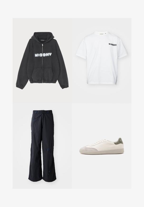 Hoodie noir avec zip sur le devant, poignets et ourlet côtelés. Présente "MISBHV" imprimé en lettres blanches de style graffiti sur la poitrine.; MISBHV COMMUNITY - T-shirt imprimé - white; Pantalons noirs, légers et à jambes larges avec une finition texturée. Présente des accents bleus et des cordons pour un ajustement. Fermeture éclair.; Baskets basses blanches avec accents en daim gris clair sur le bout et le talon, lacets blancs et semelle beige plate, vues de côté extérieur.