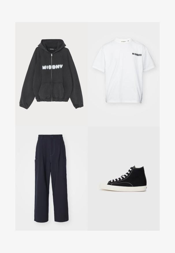 Hoodie noir avec zip sur le devant, poignets et ourlet côtelés. Présente "MISBHV" imprimé en lettres blanches de style graffiti sur la poitrine.; MISBHV COMMUNITY - T-shirt imprimé - white; Pantalons cargo navy avec coutures bleues, ceinture élastique, deux poches latérales, coupe droite et texture de tissu douce.; Baskets montantes en toile noires avec des lacets blancs, dotées d'un capuchon en caoutchouc et de surpiqûres blanches contrastantes.