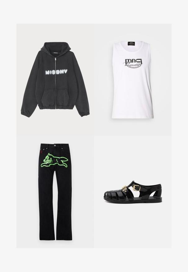 Sudadera negra con cremallera en la parte delantera, puños y dobladillo acanalados. Presenta la impresión en letras blancas estilo graffiti de "MISBHV" en el pecho.; Camiseta blanca sin mangas hecha de algodón, con un estampado gráfico negro de "MNG Paradise Disco Dancing Club" en una fuente atrevida y curvada.; Vaqueros negros de corte recto, con un gran gráfico verde de un gato de dibujos animados corriendo en la parte trasera. Acentos en metal plateado.; Sandalias de goma negras con diseño perforado, que cuentan con un cierre de hebilla dorada y una plantilla texturizada. Logo estampado en el talón.