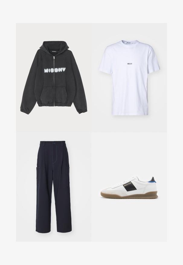 Hoodie noir avec zip sur le devant, poignets et ourlet côtelés. Présente "MISBHV" imprimé en lettres blanches de style graffiti sur la poitrine.; T-shirt blanche en coton avec un col rond, des manches courtes et un petit logo noir "MSGM" imprimé sur le devant. Texture lisse.; Pantalons cargo navy avec coutures bleues, ceinture élastique, deux poches latérales, coupe droite et texture de tissu douce.; Basket blanche avec des accents noirs et bleus, dessus en suède et cuir, bout rond, semelle plate en caoutchouc, et détail de marque dorée sur le côté.