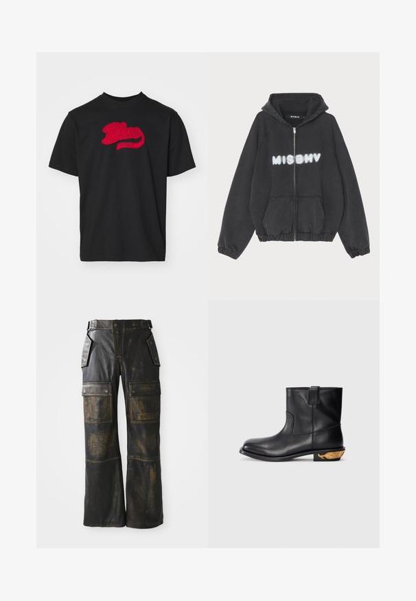 Zwarte hoodie met een rits aan de voorkant, geribbelde manchetten en zoom. Kenmerkt zich door "MISBHV" in graffiti-stijl witte letters op de borst.; Zwarte katoenen T-shirt met een ronde halslijn, voorzien van een rode geborduurde "Blue Marble"-logo in een gebogen ontwerp op de voorkant.; Zwarte leren cargobroeken met een versleten textuur, voorzien van grote zijzakken, een hoge taille en contrasterende stiksels over de naden.; Zwarte leren enkellaars met een glad oppervlak, ronde neus en een gouden walvismotief op de hak. Minimalistisch ontwerp.