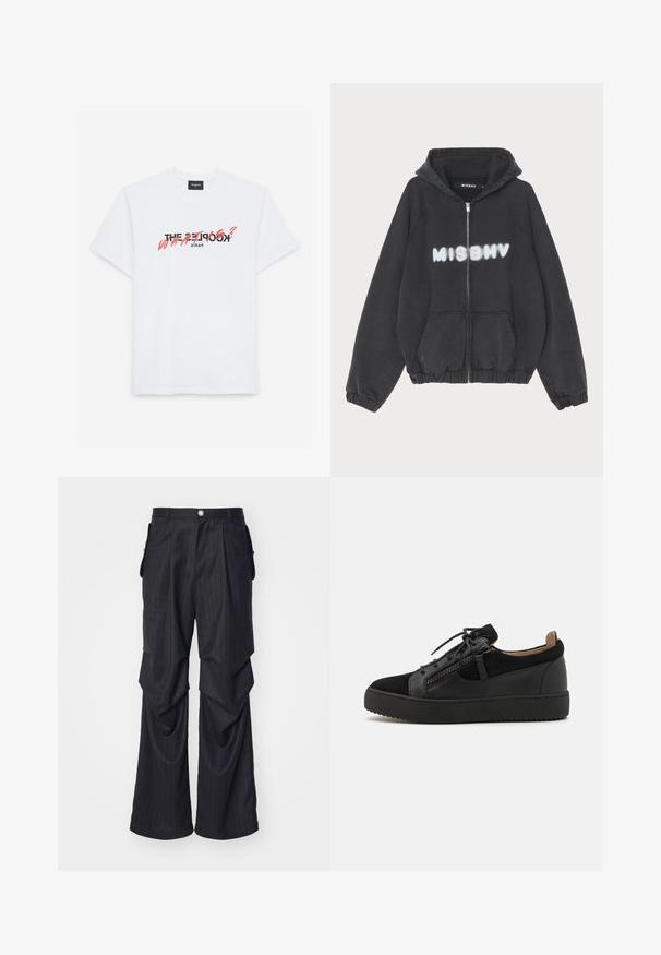 Zwarte hoodie met een rits aan de voorkant, geribbelde manchetten en zoom. Kenmerkt zich door "MISBHV" in graffiti-stijl witte letters op de borst.; Witte katoenen T-shirt met korte mouwen, voorzien van een zwart en koraal grafisch ontwerp. De tekst luidt: "DE KOOPLES? WAT?" en "PARIJS."; Zwarte pinstripe broek met een wijde broekspijpen ontwerp, voorzien van plooien, zijzakken en een knoopsluiting aan de voorkant. Glad materiaal.; Giuseppe Zanotti DOUBLE ZIP - Sneakers laag - black