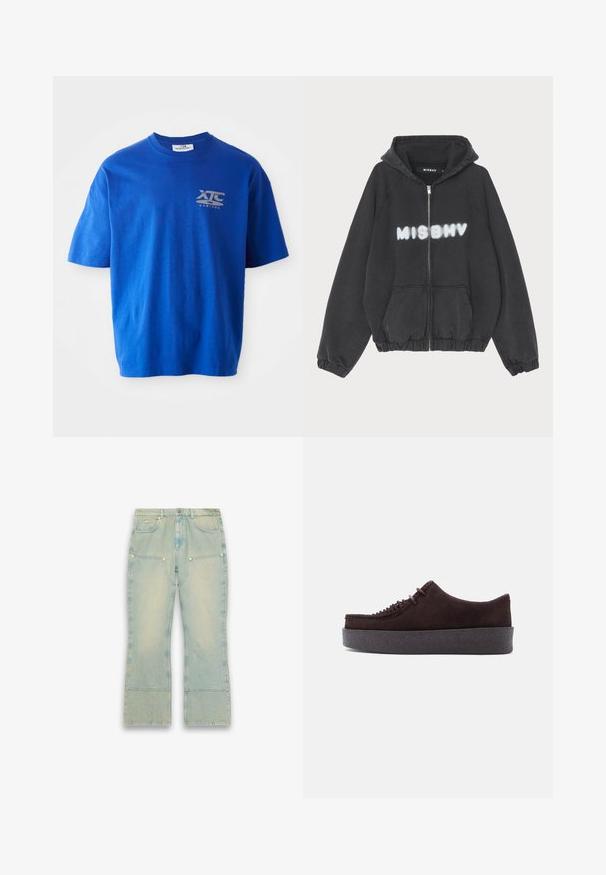 Sudadera negra con cremallera en la parte delantera, puños y dobladillo acanalados. Presenta la impresión en letras blancas estilo graffiti de "MISBHV" en el pecho.; Camiseta de algodón azul con mangas cortas, con un logo gris en la parte superior izquierda del pecho, escote redondo y un corte relajado.; Vaqueros de mezclilla azul claro deslavado con piernas anchas, grandes bolsillos delanteros con parche y trabillas estándar para cinturón sobre un fondo blanco.; Zapato de plataforma de ante marrón oscuro con suela gruesa y texturizada y detalle de cordones tejidos en la parte superior, mostrado de perfil sobre un fondo claro y liso.