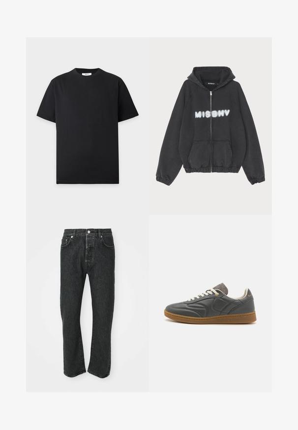 Hoodie noir avec zip sur le devant, poignets et ourlet côtelés. Présente "MISBHV" imprimé en lettres blanches de style graffiti sur la poitrine.; T-shirt noir uni à manches courtes et col rond avec une petite étiquette blanche à l'intérieur du col sur un fond gris clair.; Jean denim droit noir avec fermeture par bouton et zip à l'avant, poches avant et arrière visibles sur fond blanc.; Baskets en cuir gris foncé avec un bout arrondi, lacets blancs, semelle en caoutchouc beige et légers accents en tissu gris au niveau du col. Détail du logo doré.