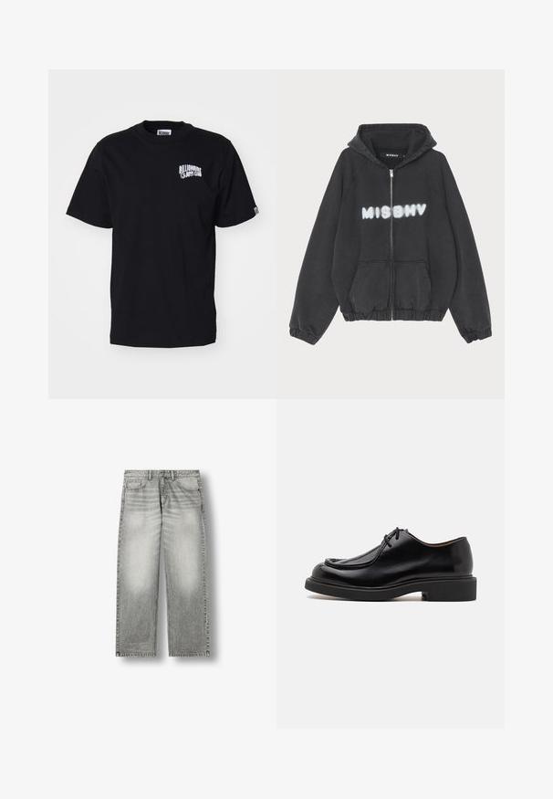Sudadera negra con cremallera en la parte delantera, puños y dobladillo acanalados. Presenta la impresión en letras blancas estilo graffiti de "MISBHV" en el pecho.; Camiseta de algodón negra con cuello redondo y mangas cortas. Presenta un logo impreso blanco en el área del pecho izquierdo. Diseño simple, corte estándar.; Vaqueros de mezclilla gris descoloridos con pierna recta, bolsillos delanteros, trabillas para cinturón y cierre de botón sobre fondo blanco.; Zapato de cuero negro con punta redondeada, detalles de costura, cordones mínimos y suela de goma gruesa para tracción y durabilidad.