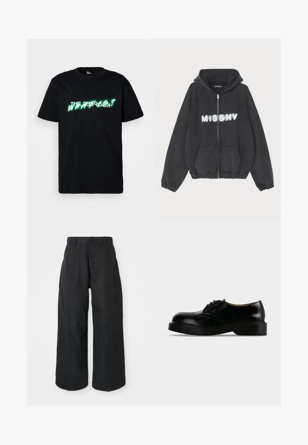 Zwarte hoodie met een rits aan de voorkant, geribbelde manchetten en zoom. Kenmerkt zich door "MISBHV" in graffiti-stijl witte letters op de borst.; Zwarte katoenen t-shirt met opvallende groene en witte grafische tekst "WHAT IS?" aan de voorkant. Ronde hals en korte mouwen.; Zwarte wijde broek van canvasmateriaal met een knoopsluiting, voorzien van twee voorzakken en een ontspannen pasvorm.; Zwarte gepolijste leren veterschoen met dikke zool, afgeronde neus en lage hak, zijaanzicht op een effen achtergrond.