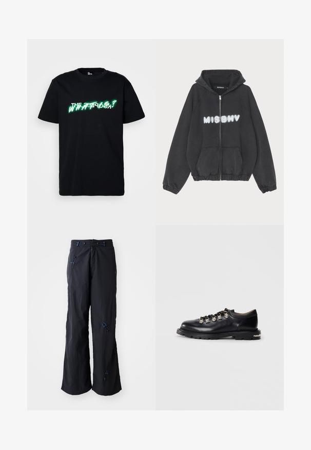 Schwarzer Hoodie mit Reißverschluss vorne, gerippten Bündchen und Saum. Mit „MISBHV“ in graffiti-artigem weißen Schriftzug auf der Brust.; Schwarzes Baumwoll-T-Shirt mit auffälligem grünen und weißen grafischen Text auf der Vorderseite, der "WAS IST?" lautet. Mit rundem Halsausschnitt und kurzen Ärmeln.; Schwarze, leichte, weit geschnittene Hosen mit strukturierter Oberfläche. Mit blauen Akzenten und verstellbaren Zügen. Reißverschluss.; Schwarzer Leder-Schnürschuh mit niedrigem Schnitt, dicker Sohle, Metallösen, dekorativen silbernen Charms an den Schnürsenkeln und strukturiertem Profil auf der Sohle.