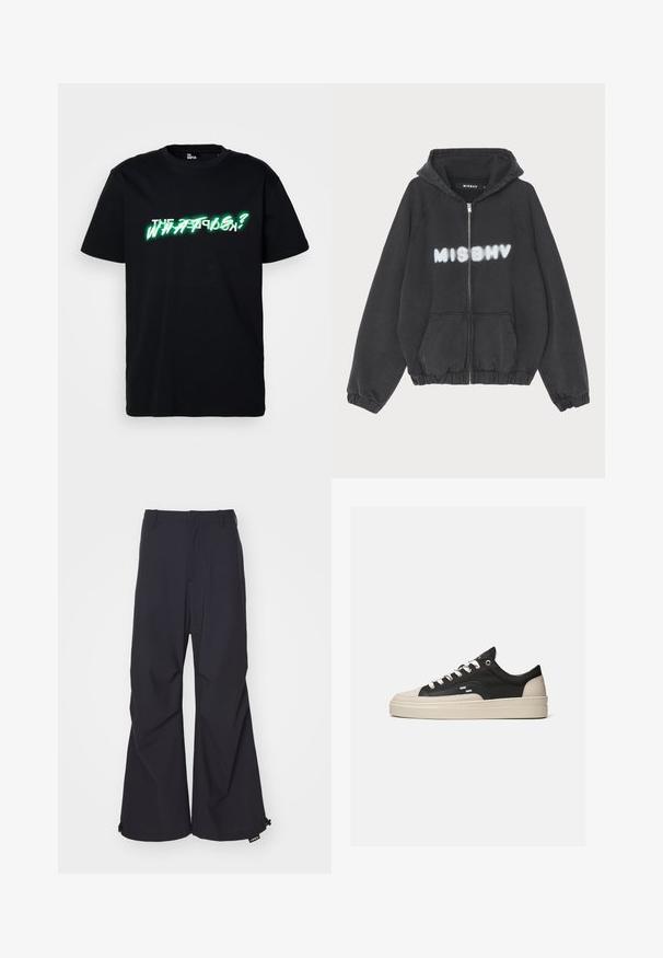 Zwarte hoodie met een rits aan de voorkant, geribbelde manchetten en zoom. Kenmerkt zich door "MISBHV" in graffiti-stijl witte letters op de borst.; Zwarte katoenen t-shirt met opvallende groene en witte grafische tekst "WHAT IS?" aan de voorkant. Ronde hals en korte mouwen.; Marineblauwe wide-leg broek van een gladde stof, met twee voorzakken en een verstelbare trekkoord aan de zoom. Schoon en op maat gemaakt ontwerp zonder versieringen.; Lage sneaker in zwart en beige met witte veters, gestructureerd bovenwerk en dikke beige zool, getoond vanaf de buitenkant op een effen achtergrond.