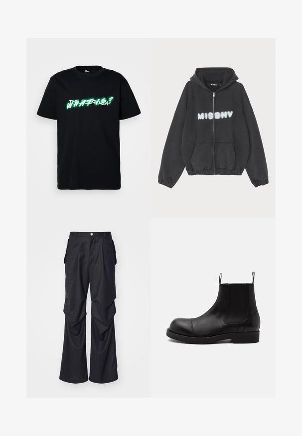 Zwarte hoodie met een rits aan de voorkant, geribbelde manchetten en zoom. Kenmerkt zich door "MISBHV" in graffiti-stijl witte letters op de borst.; Zwarte katoenen t-shirt met opvallende groene en witte grafische tekst "WHAT IS?" aan de voorkant. Ronde hals en korte mouwen.; Zwarte pinstripe broek met een wijde broekspijpen ontwerp, voorzien van plooien, zijzakken en een knoopsluiting aan de voorkant. Glad materiaal.; Zwarte leren Chelsea-boot met afgeronde neus, elastische zijpanelen, aantreklussen voor en achter, platte zool, van opzij getoond op witte achtergrond.