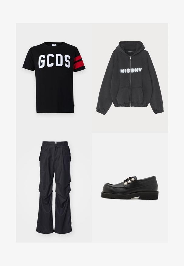 Zwarte hoodie met een rits aan de voorkant, geribbelde manchetten en zoom. Kenmerkt zich door "MISBHV" in graffiti-stijl witte letters op de borst.; Zwarte katoenen T-shirt met groot wit "GCDS" logo, rode gestreepte accenten op de mouwen, ronde hals en een standaard pasvorm.; Zwarte pinstripe broek met een wijde broekspijpen ontwerp, voorzien van plooien, zijzakken en een knoopsluiting aan de voorkant. Glad materiaal.; Zwarte leren instappers met een ronde neus, voorzien van drie metalen accenten en een gestructurezool voor grip. Gladde bovenkant en gestikte details.