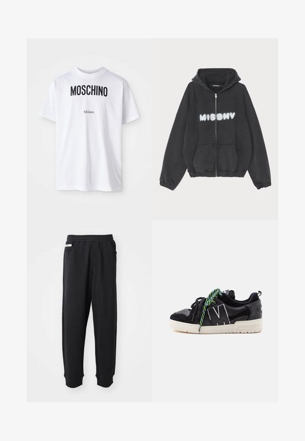 Zwarte hoodie met een rits aan de voorkant, geribbelde manchetten en zoom. Kenmerkt zich door "MISBHV" in graffiti-stijl witte letters op de borst.; Witte katoenen T-shirt met bold zwarte "MOSCHINO" tekst boven de kleinere tekst "Milano". Klassieke ronde hals en korte mouwen.; Zwarte sweatpants van zachte stof, met een elastische tailleband, zijzakken en geribbelde boorden bij de enkels. Minimalistisch ontwerp.; Zwarte low-top sneaker met witte zool, grote wit omrandeerde "M" aan de zijkant, en niet-matchende zwarte en groene patroonveters.