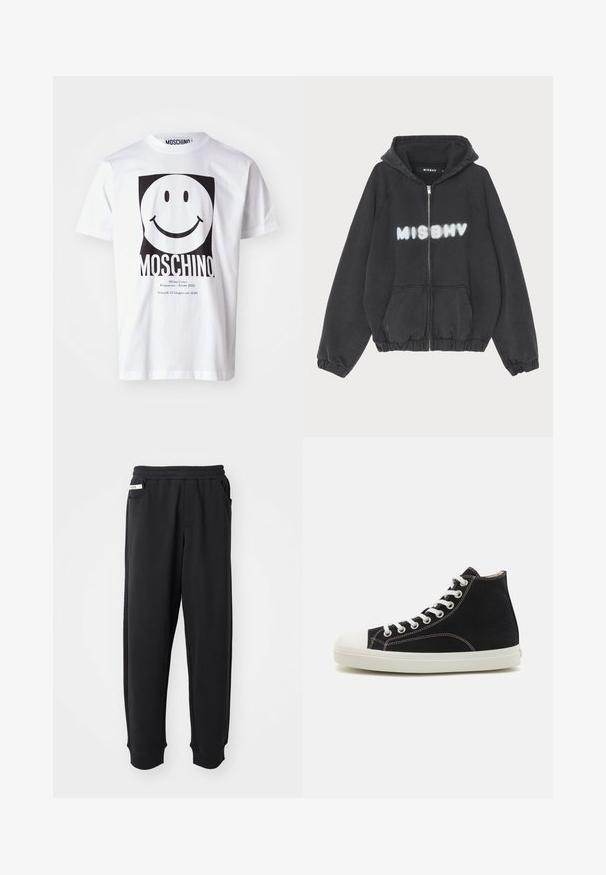Sort hættejakke med lynlås foran, ribbede manchetter og kant. Har "MISBHV" trykt i graffiti-lignende hvid skrift over brystet.; Hvid bomulds T-shirt med et stort sort smiley-ansigt grafik, med "MOSCHINO" trykt nedenfor og arrangementsdetaljer i mindre tekst.; Sorte sweatpants lavet af blødt stof, med elastisk talje, sidelommer og ribbede manchetter ved anklerne. Minimalistisk design.; Sorte højtop sneakers lavet af canvas med hvid gummisål og tåhætte. Har hvide snørebånd og kontrastsyet detaljer.